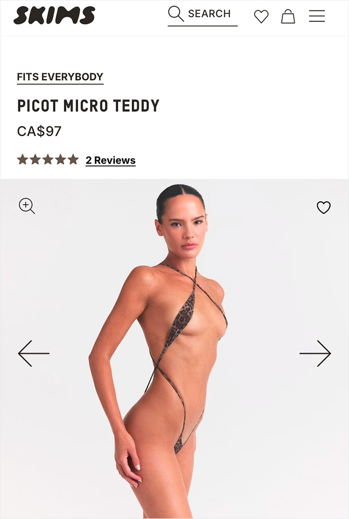 Model wearing SKIMS Picot Micro Teddy micro bikini in leopard print on white background Model wearing SKIMS Picot Micro Teddy micro bikini in leopard print on white background