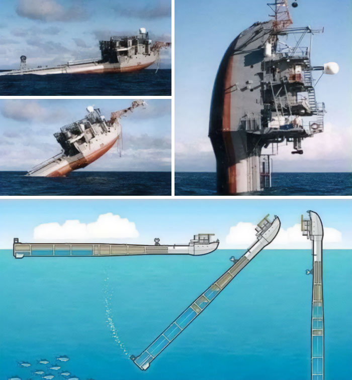 Ship sinking vertically into the ocean, illustrating how extremely large things can be scary and eerie.