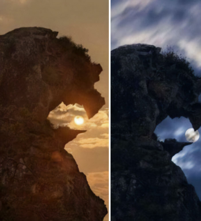 A large rock formation at sunset and moonrise, showcasing extremely large things that can be scary and eerie.