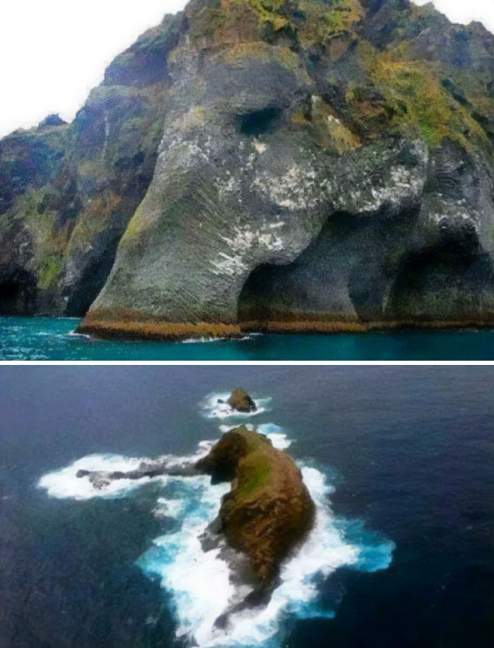 An eerie extremely large rock formation resembling an elephant emerging from the ocean, highlighting nature's scale.