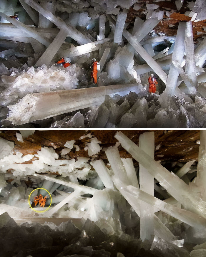Explorers navigating through a cave filled with extremely large crystals, making the things scary and eerie.