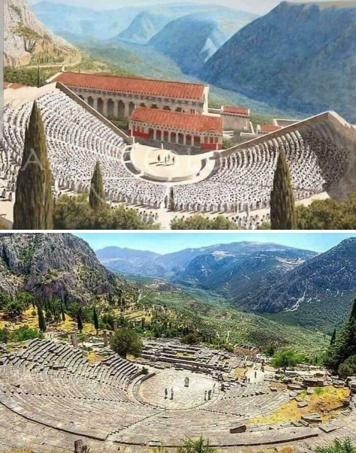 A split image showing an ancient Greek amphitheater: above, a colorful reconstruction; below, the large, eerie ruins today.