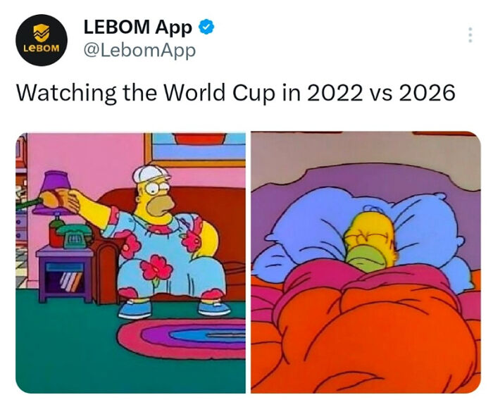 A World Cup meme with Homer Simpson comparing watching in 2022 vs. sleeping in 2026.