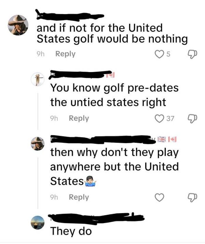 A screenshot of a Twitter conversation about how Americans are very confused about the origin of golf.