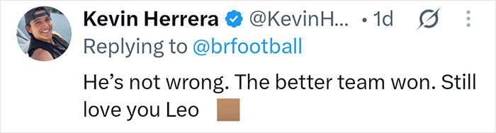 Screenshot of a tweet acknowledging the better team won and expressing continued support for Lionel Messi after the World Cup loss. Screenshot of a tweet acknowledging the better team won and expressing continued support for Lionel Messi after the World Cup loss.