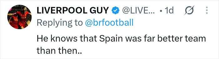 Screenshot of a tweet about Spain's performance and Lionel Messi's controversial behavior. Screenshot of a tweet about Spain's performance and Lionel Messi's controversial behavior.