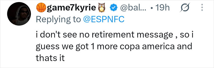 Screenshot of a tweet regarding Lionel Messi's retirement message and Argentina's World Cup loss. Screenshot of a tweet regarding Lionel Messi's retirement message and Argentina's World Cup loss.