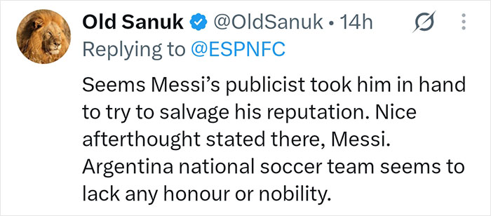 Screenshot of a tweet discussing Lionel Messi's controversial behavior and Argentina's World Cup loss. Screenshot of a tweet discussing Lionel Messi's controversial behavior and Argentina's World Cup loss.
