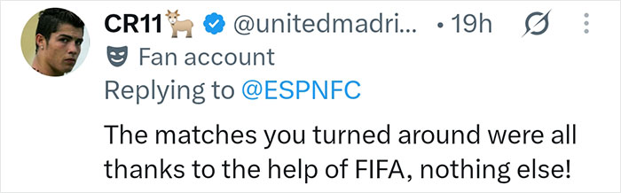 CR11 fan account comment alleging FIFA's help in turning matches around for Lionel Messi and Argentina in World Cup. CR11 fan account comment alleging FIFA's help in turning matches around for Lionel Messi and Argentina in World Cup.