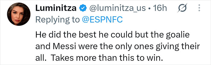 Luminitza comment on Lionel Messi and Argentina's World Cup loss, stating Messi and the goalie gave their all. Luminitza comment on Lionel Messi and Argentina's World Cup loss, stating Messi and the goalie gave their all.