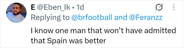 A screenshot shows a tweet about a man who wouldn't admit Spain was better, relating to Lionel Messi. A screenshot shows a tweet about a man who wouldn't admit Spain was better, relating to Lionel Messi.