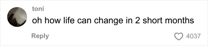 A comment from toni that reads: oh how life can change in 2 short months, reflecting on the lonely man's plea. A comment from toni that reads: oh how life can change in 2 short months, reflecting on the lonely man's plea.