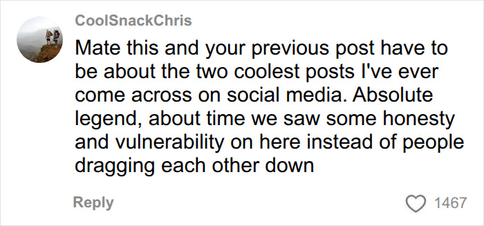 A comment from CoolSnackChris praising the lonely man's plea as cool and vulnerable. A comment from CoolSnackChris praising the lonely man's plea as cool and vulnerable.