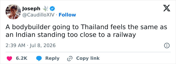 A tweet about a bodybuilder in Thailand, referencing a Looksmaxxer's bizarre incident.