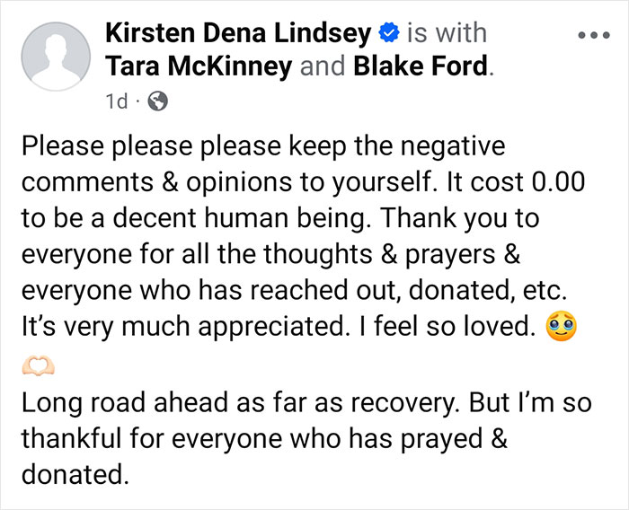 A social media post from Kirsten Dena Lindsey expressing gratitude for support after her catastrophic cruise injury. A social media post from Kirsten Dena Lindsey expressing gratitude for support after her catastrophic cruise injury.
