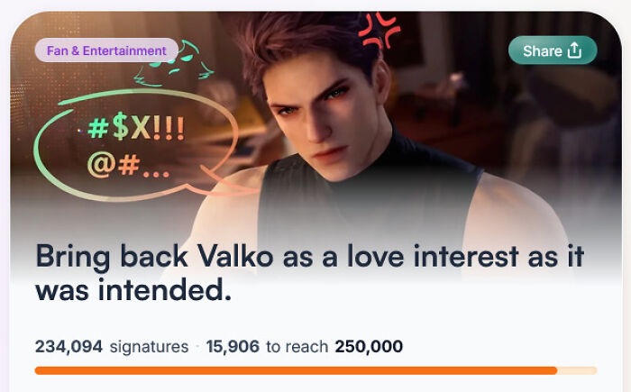Screenshot of a petition supporting the Love and Deepspace RPG character as a love interest, with a frowning character. Screenshot of a petition supporting the Love and Deepspace RPG character as a love interest, with a frowning character.