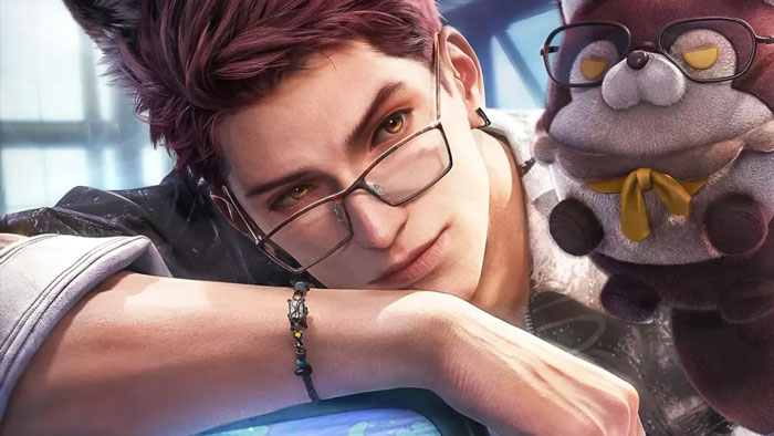 A softer image of the Love and Deepspace RPG character, a love interest with glasses and a fluffy companion. A softer image of the Love and Deepspace RPG character, a love interest with glasses and a fluffy companion.
