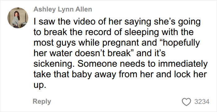 A comment about Bonnie Blue's Shameless 154 Men baby-themed stunt, calling it sickening and suggesting intervention.