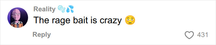 A comment reacting to Bonnie Blue's Shameless 154 Men baby-themed stunt, stating The rage bait is crazy with a surprised emoji.