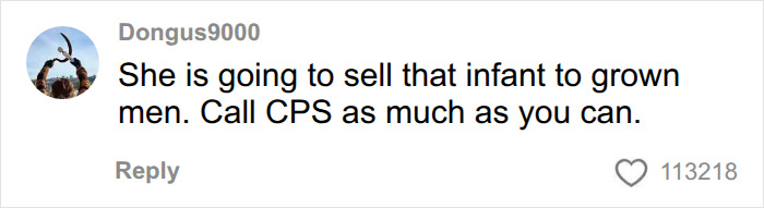 Screenshot of a comment from Dongus9000, calling to report the baby-themed stunt involving 154 men to CPS.