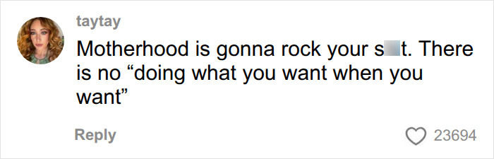 A comment on social media from taytay about motherhood and the reality of a baby-themed stunt.
