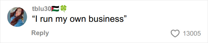 Screenshot of a comment from tblu30 reading, I run my own business, related to Bonnie Blue's baby-themed stunt.
