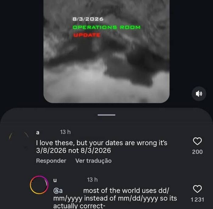 A screenshot of a comment section with an American confused about date formats, thinking 8/3/2026 is wrong.