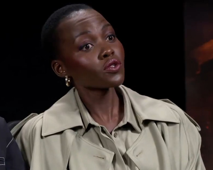Close-up of Lupita Nyong'o discussing the woke question about Homer and the Odyssey.