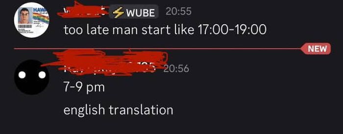 A screenshot showing a text conversation with an American asking for an English translation of military time.