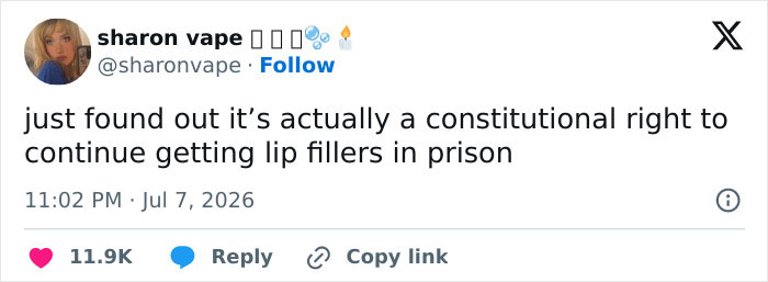 Screenshot of a tweet by sharon vape about Mackenzie Shirilla, stating a constitutional right to lip fillers in prison. Screenshot of a tweet by sharon vape about Mackenzie Shirilla, stating a constitutional right to lip fillers in prison.