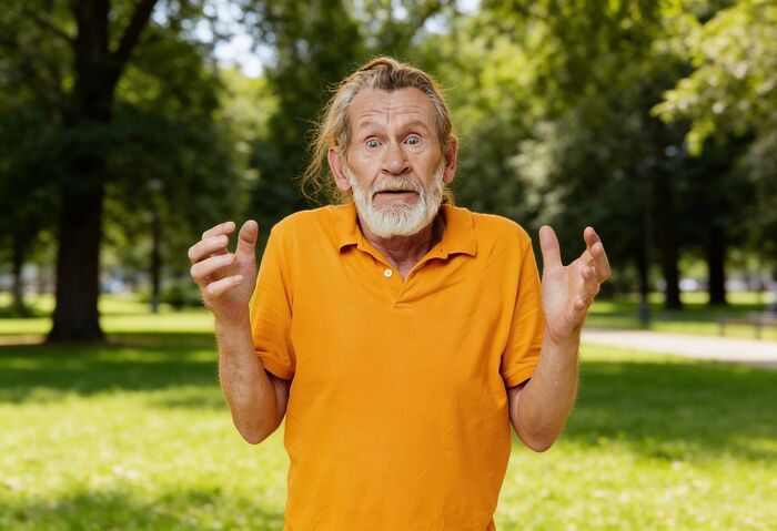 An older man with a grey beard and surprised expression gestures with his hands, representing extraordinary stories.