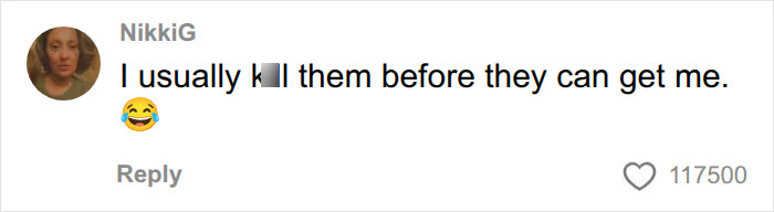 A comment from NikkiG saying 'I usually k*** them before they can get me.' with a laughing emoji, garnering 117,500 likes.