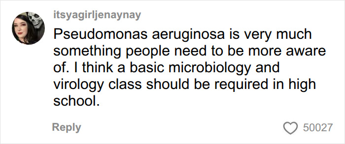 A social media comment about the dangers of Pseudomonas aeruginosa and needing medical awareness.