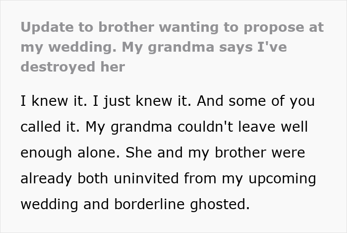 Update on an entitled man who wanted to propose at his brother's wedding, losing more than he bargained for.