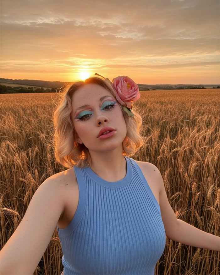 A young woman who dreamed of becoming a famous model, posing in a field at sunset. A young woman who dreamed of becoming a famous model, posing in a field at sunset.