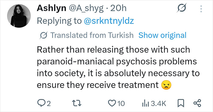 A Twitter post from Ashlyn suggesting treatment for individuals with psychosis, referencing a disturbing revenge plot.