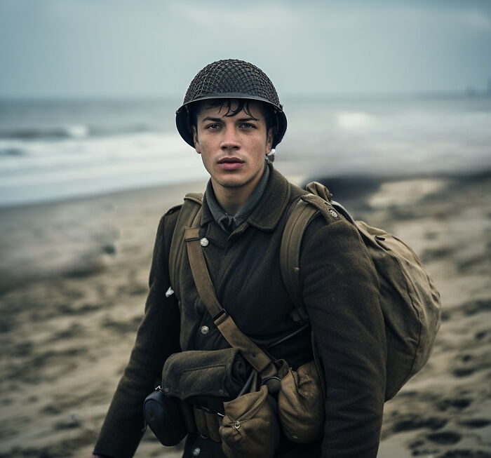 A young World War II veteran in uniform stands on a sandy beach, gazing intently, reflecting the extraordinary stories of the war.