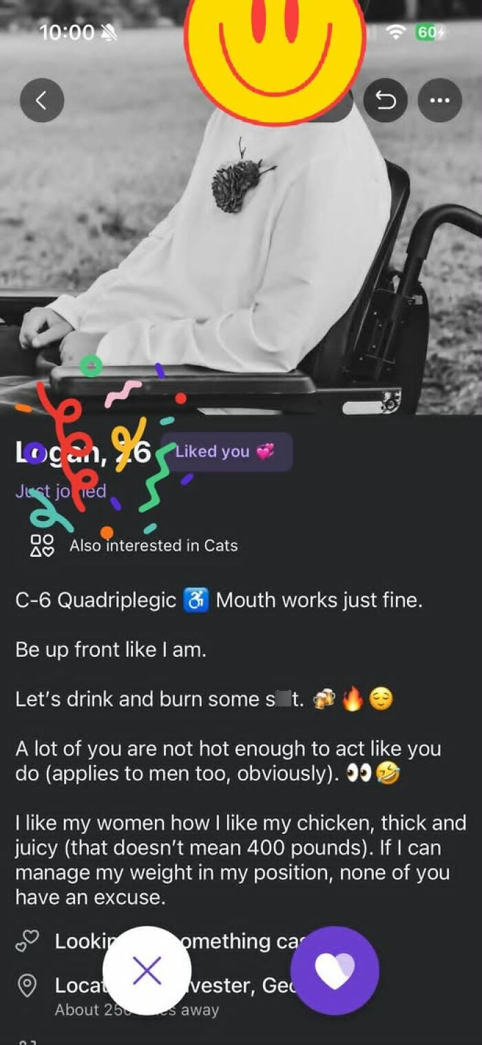 A dating profile with text about a guy who thinks highly of himself, a funny example of inflated self-esteem.
