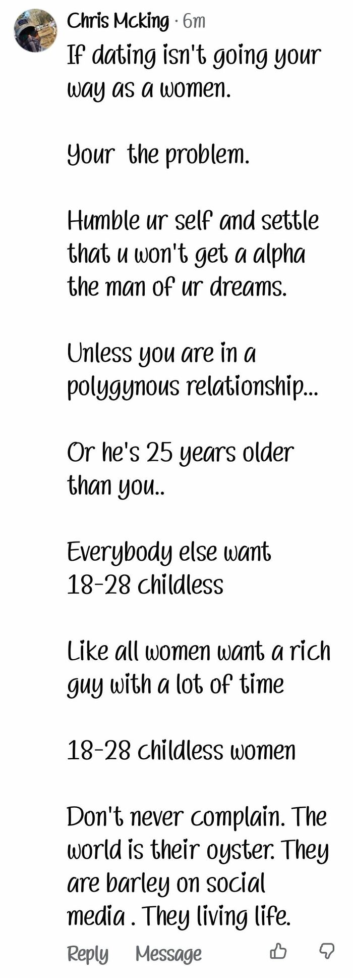 Funny example of a post by Chris Mcking about dating advice for women, illustrating a guy who thinks too highly of himself.