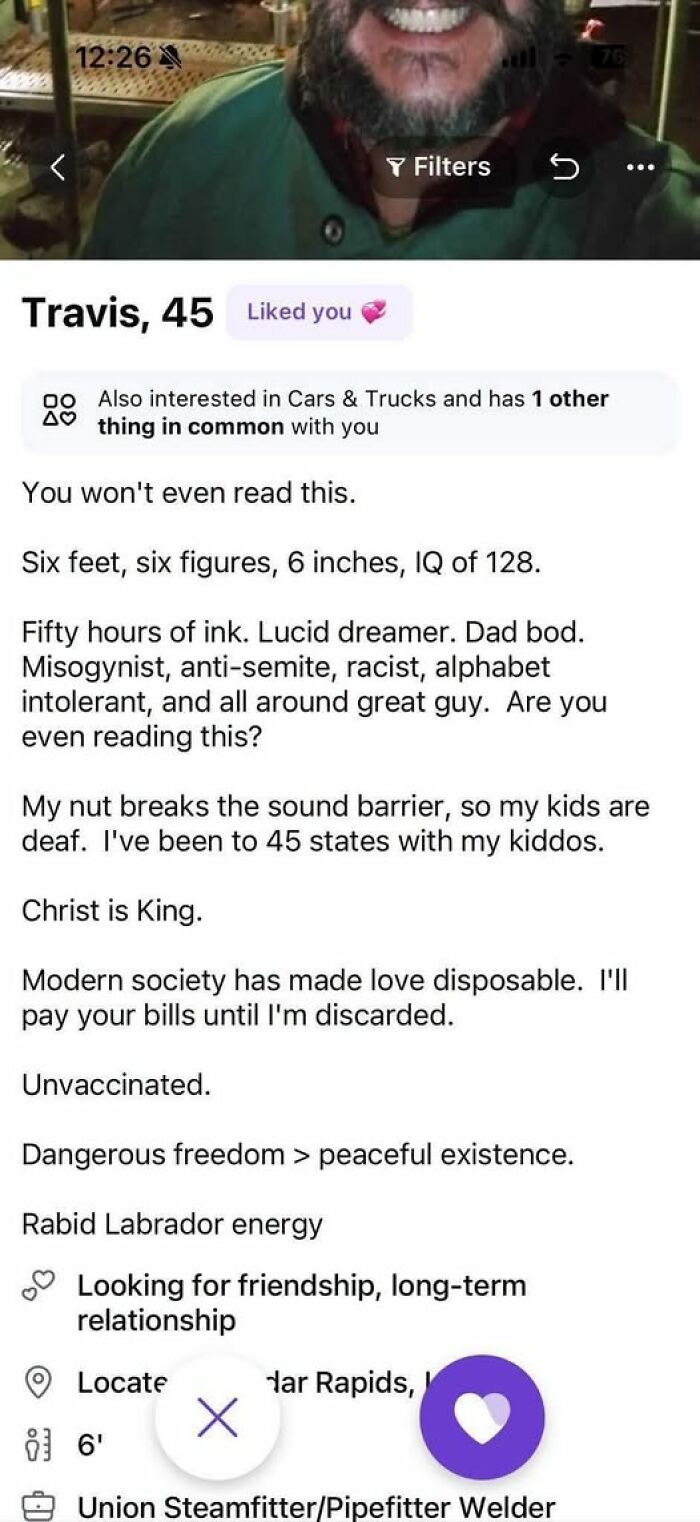 A dating profile describing a man with funny examples of a highly inflated sense of self.