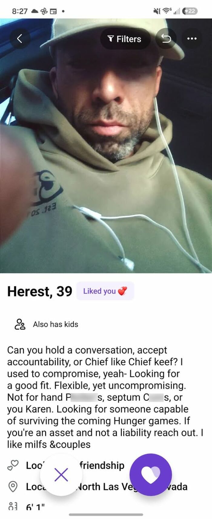 A dating profile with an image of a man and a bio highlighting funny examples of self-importance.
