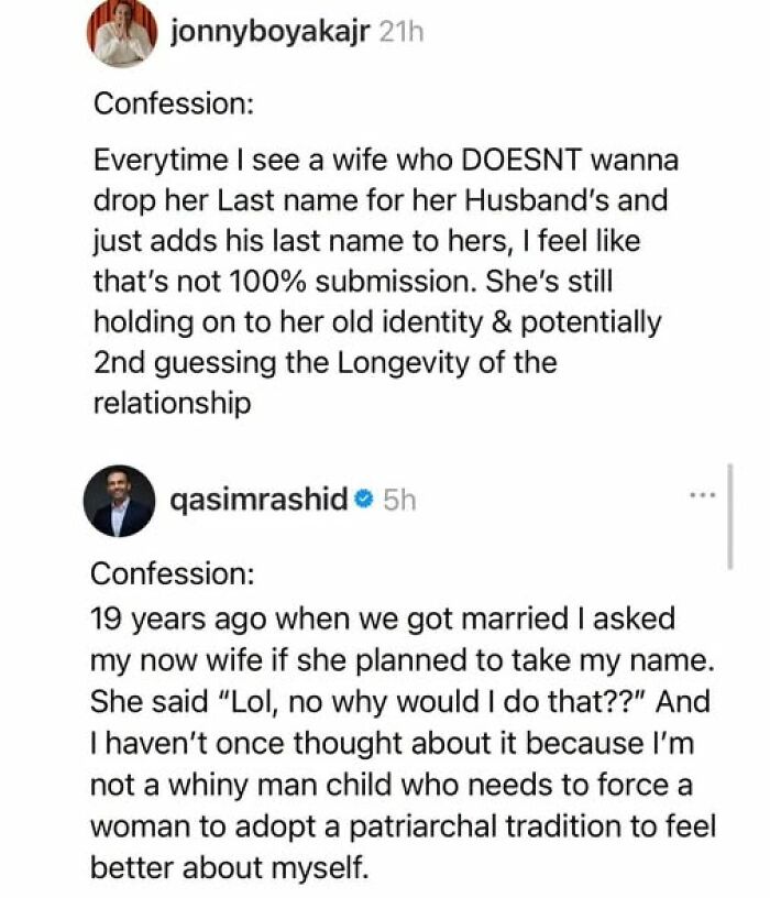 A Twitter thread featuring two men's differing views on marriage, showing funny examples of self-importance.