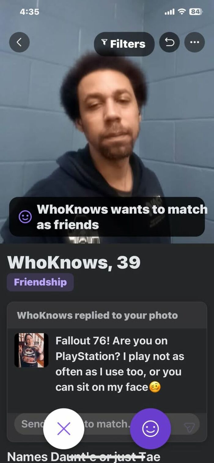 A dating app profile with a man and a message containing funny examples of a guy with an inflated ego.