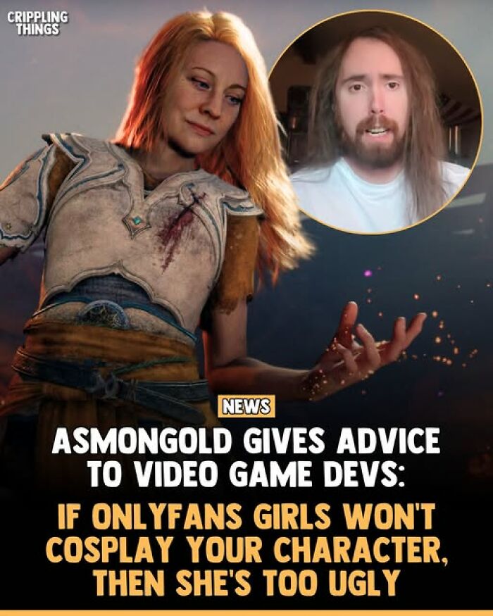 A meme with a blonde female character and a male streamer, illustrating funny examples of men thinking highly of themselves.