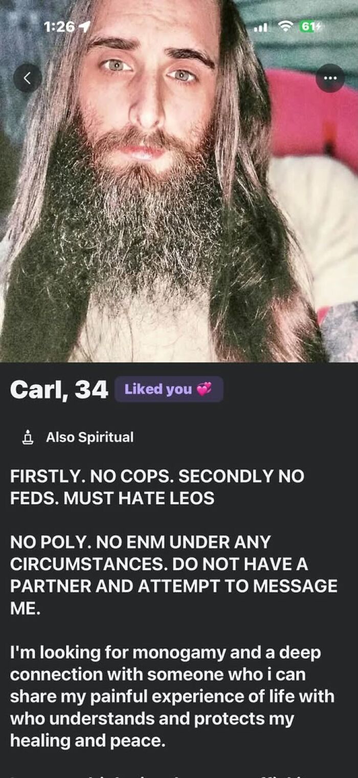 Funny examples of guys who think too highly of themselves, such as this man with a long beard and demanding profile.