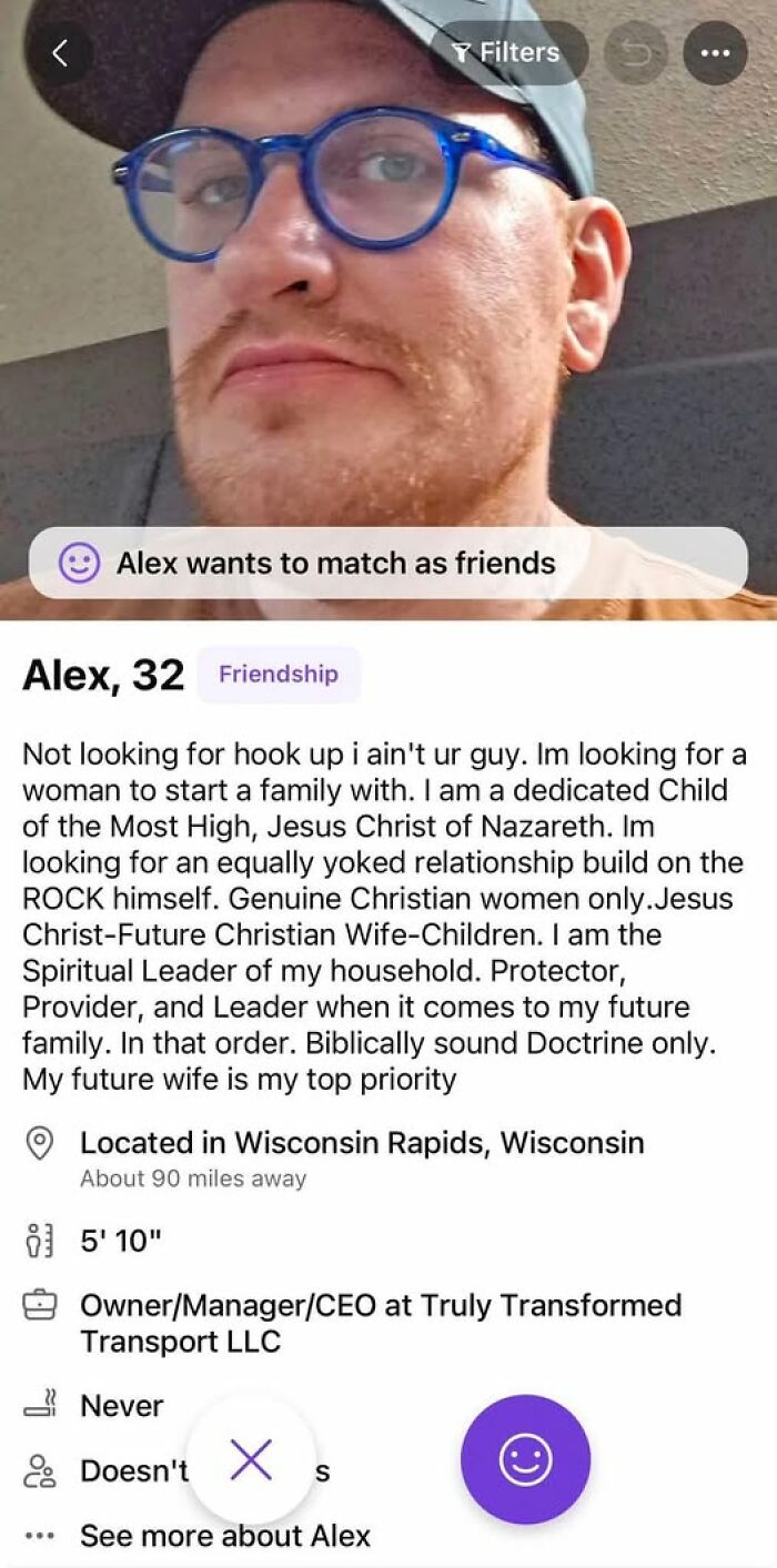 Funny examples of guys thinking highly of themselves, including this man seeking a 'Jesus Christ-Future Christian Wife-Children'.