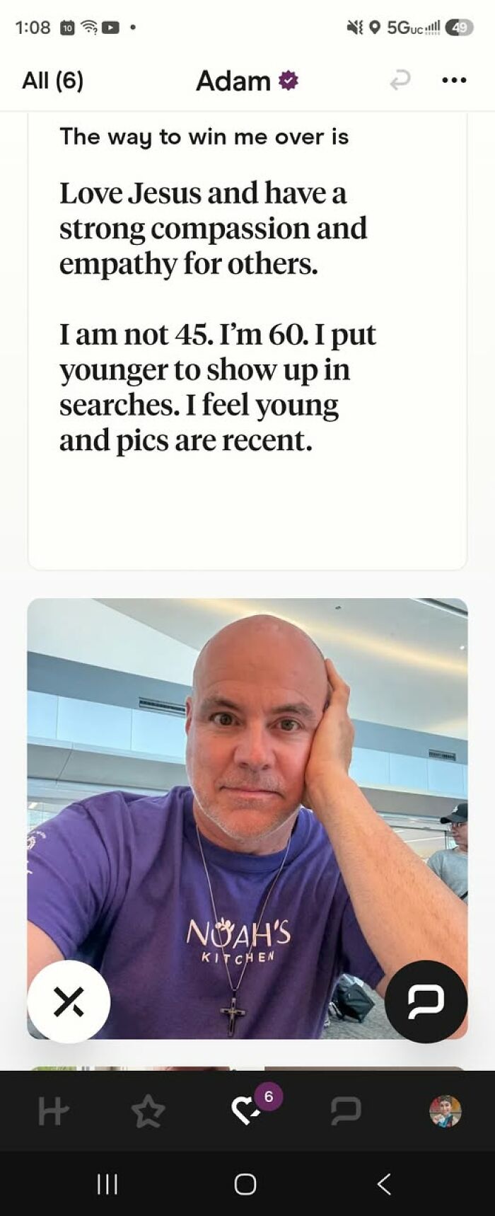 Funny examples of guys who think too highly of themselves, like this 60-year-old dating app user.