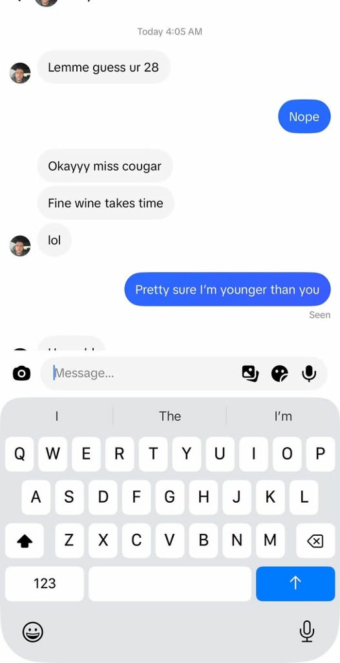 A funny example of a guy thinking too highly of himself, making assumptions about a woman's age via text.