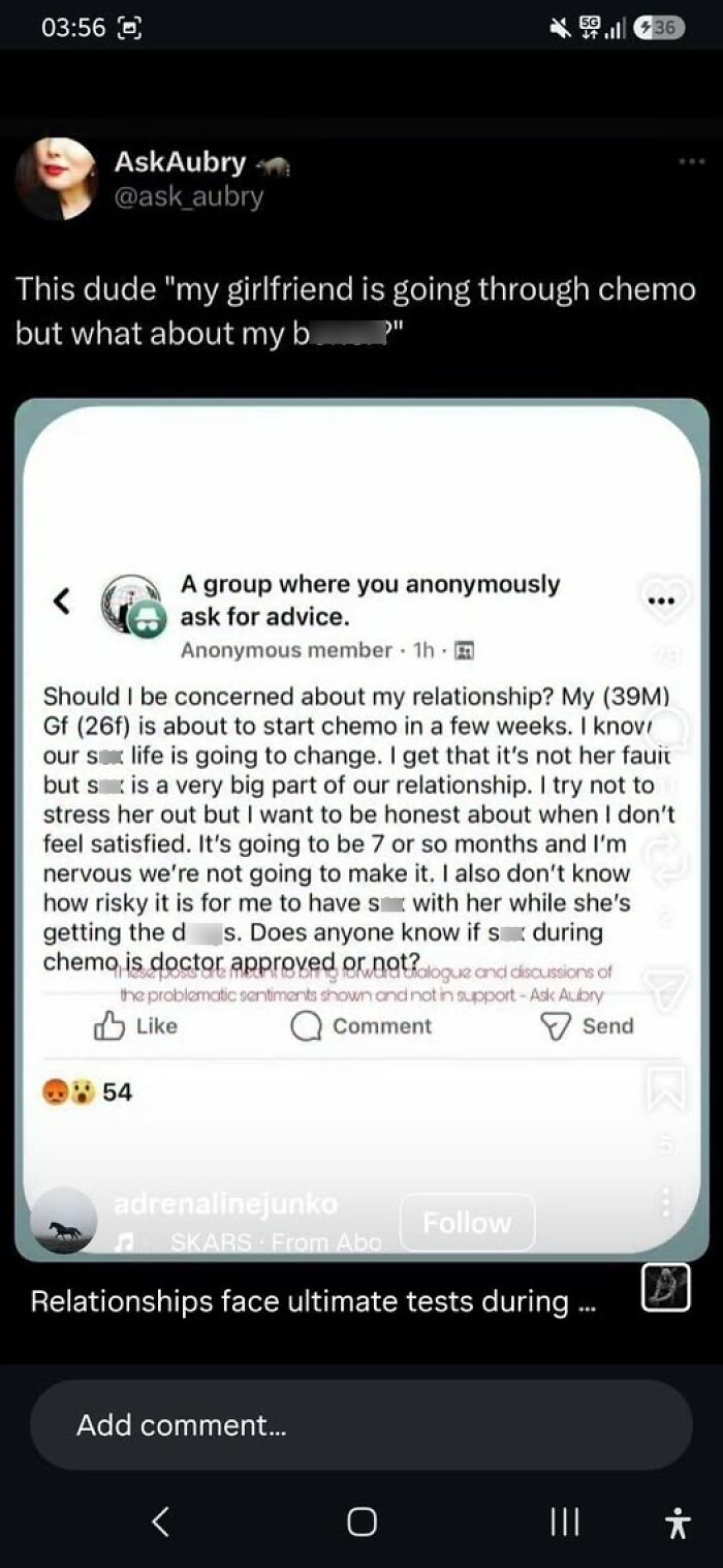 A screenshot showing a funny example of a guy thinking too highly of himself, asking for advice while his GF undergoes chemo.