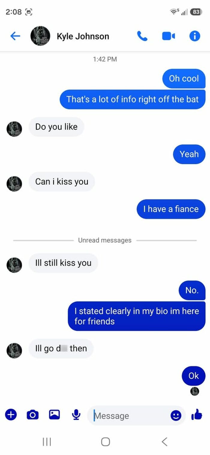 A screenshot of a funny example of a guy thinking too highly of himself, asking to kiss a woman with a fiance.